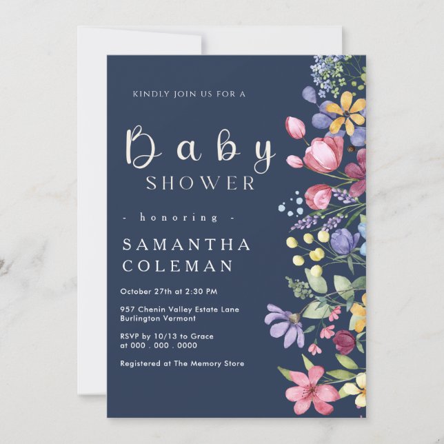 Invitation Baby shower de Fleur sauvage de la marine Blue Wat (Devant)