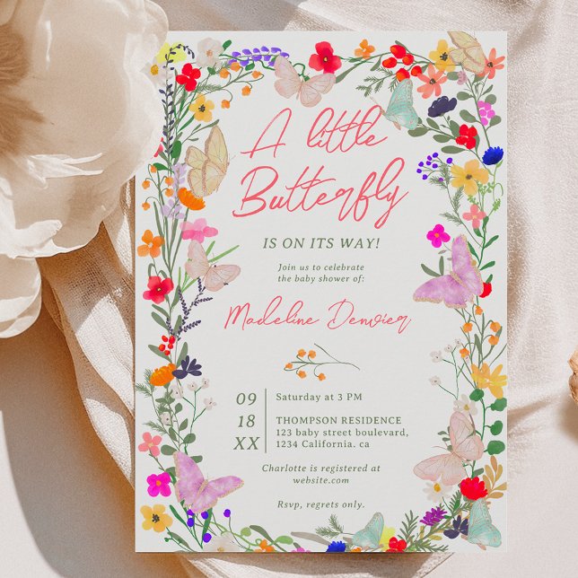Invitation Baby shower de fleur sauvage de la prairie de papi (Boho butterfly meadow wildflower baby shower invitation)
