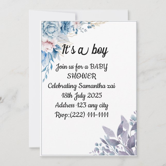 Invitation Baby shower de fleurs bleu aquarelle |  (Devant)