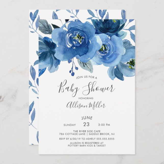 Invitation Baby shower de fleurs bleu aquarelle (Devant / Derrière)