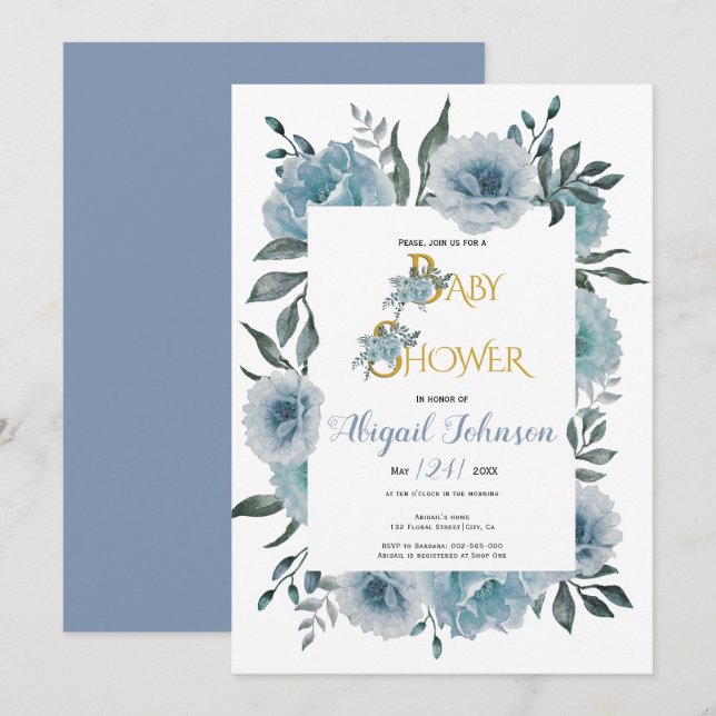 Invitation Baby shower de fleurs bleu foncé pour garçons (Devant / Derrière)