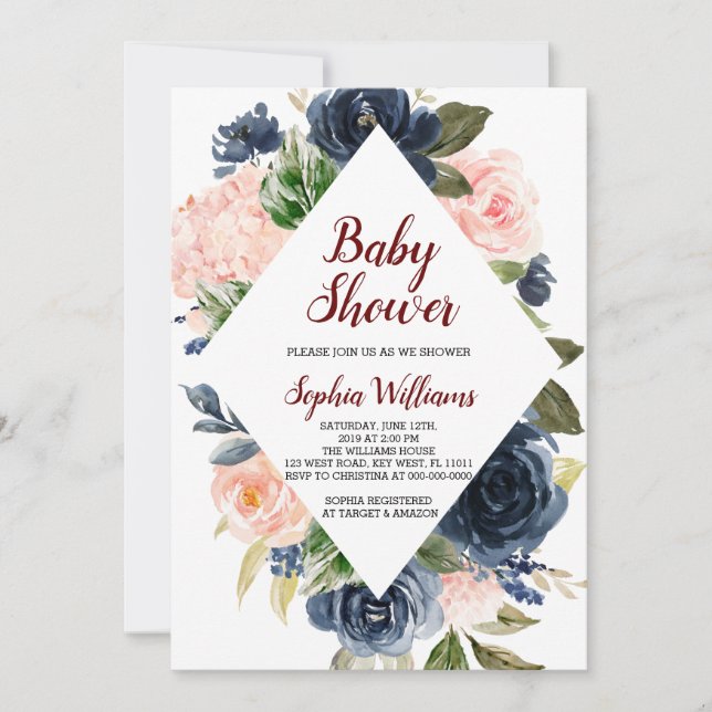 Invitation Baby shower de fleurs bleu marine et rose pâle (Devant)
