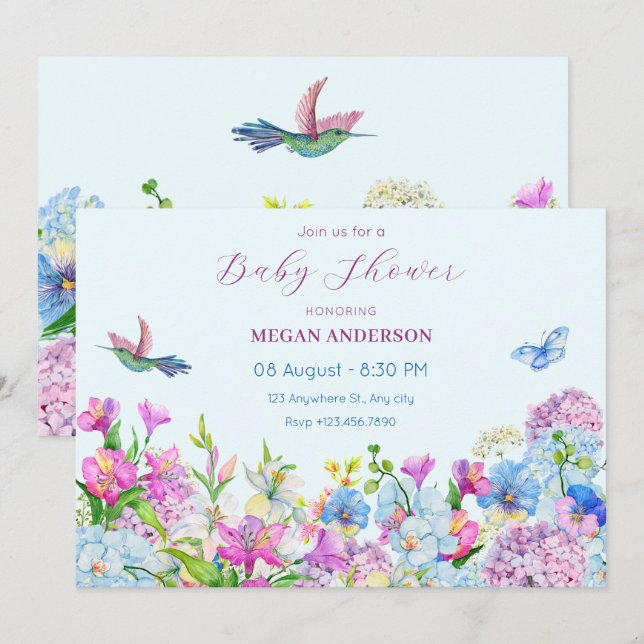 Invitation Baby shower de fleurs bleu violet (Devant / Derrière)