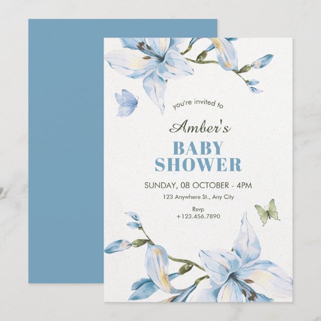Invitation Baby shower de fleurs bleues esthétiques en fleurs (Devant / Derrière)