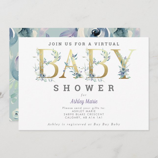 Invitation Baby shower de fleurs bleues interurbaines virtuel (Devant / Derrière)