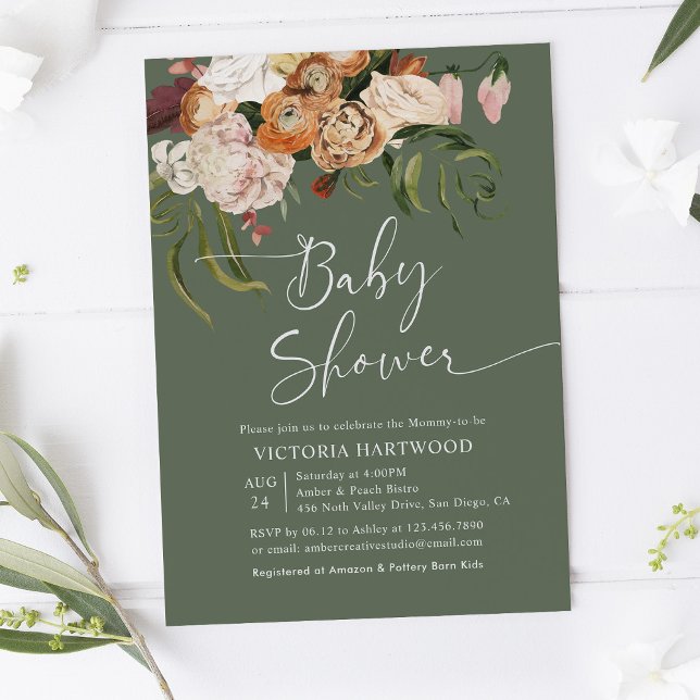 Invitation Baby shower de fleurs Boho en terre cuite verte Sa (Créateur téléchargé)
