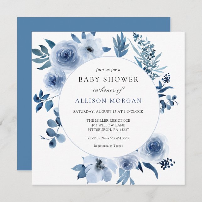Invitation Baby shower de fleurs d'aquarelle bleu (Devant / Derrière)
