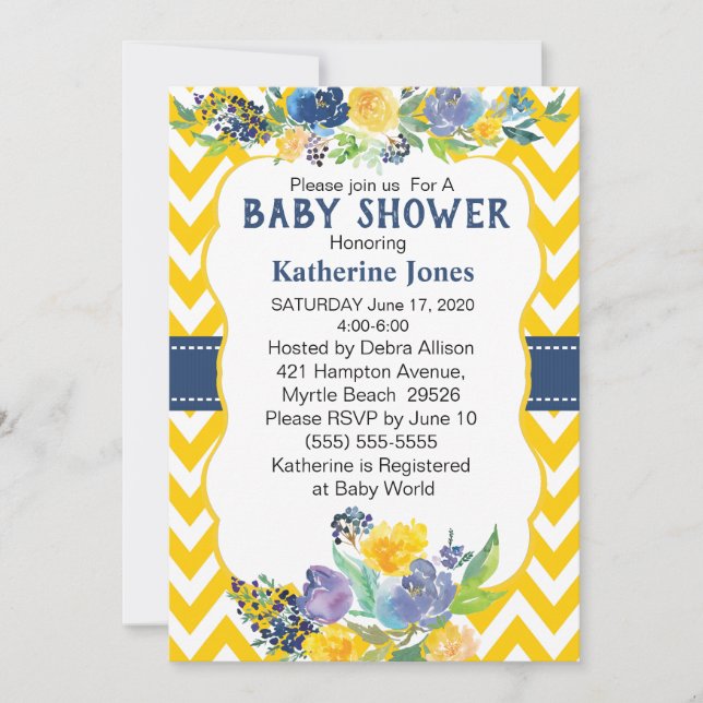 Invitation Baby shower de fleurs d'aquarelle bleu et jaune (Devant)
