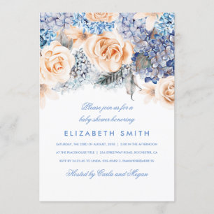 Invitation Baby shower de fleurs d'aquarelle bleu et pêche