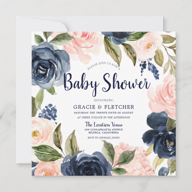Invitation Baby shower de fleurs d'aquarelle bleu marine (Devant)
