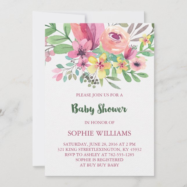 Invitation Baby shower de Fleurs d'Aquarelle de charme (Devant)