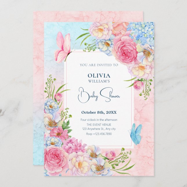 Invitation Baby shower de fleurs d'aquarelle rose bleu (Devant / Derrière)