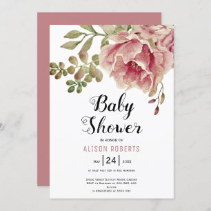 Invitation Baby shower de fleurs d'aquarelle rose rose poussi
