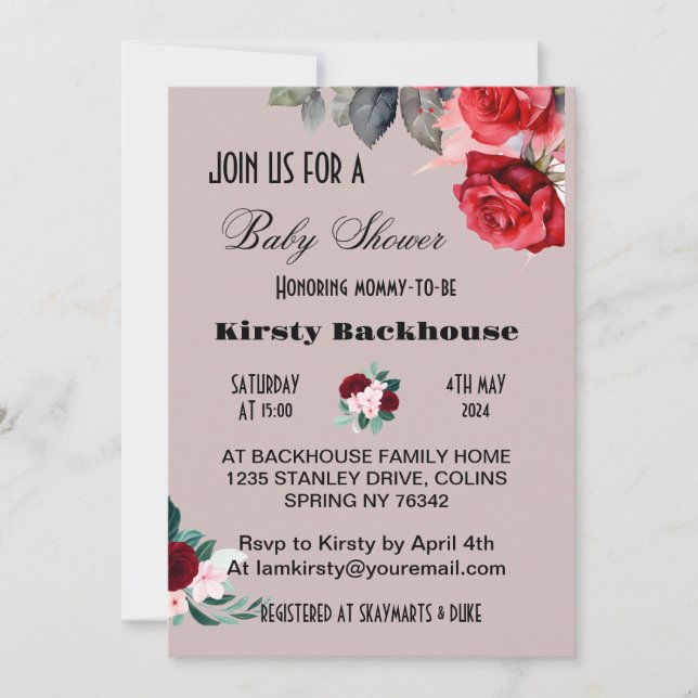 Invitation Baby shower de fleurs d'aquarelle rouge (Devant)