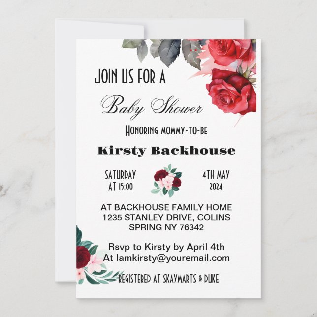 Invitation Baby shower de fleurs d'aquarelle rouge (Devant)