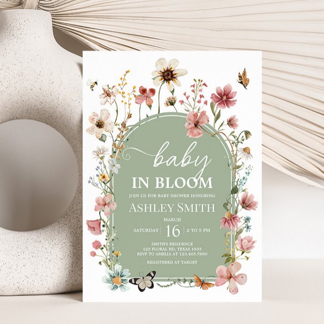 Invitation Baby shower de fleurs de bébé vert Sage (Gender Neutral Wildflower Baby Shower Invitation)