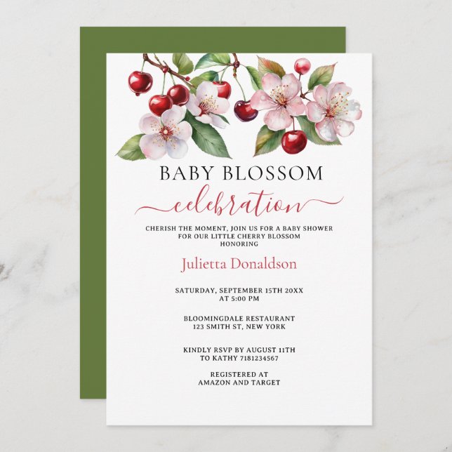 Invitation Baby shower de fleurs de cerises d'aquarelle (Devant / Derrière)