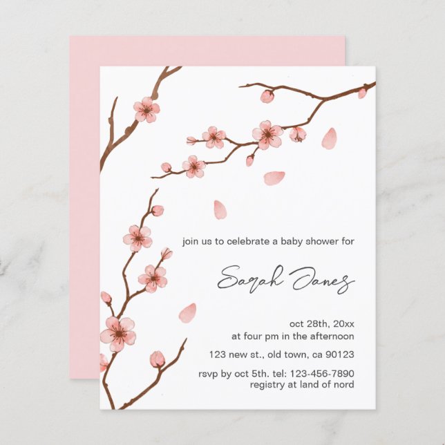 Invitation Baby shower de fleurs de cerisier rose  (Devant / Derrière)