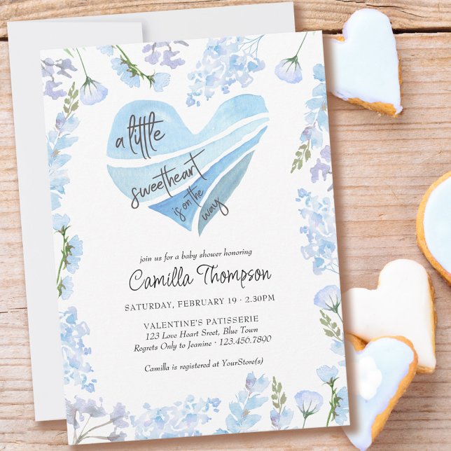 Invitation Baby shower de fleurs de coeur bleu petit amoureux (Créateur téléchargé)