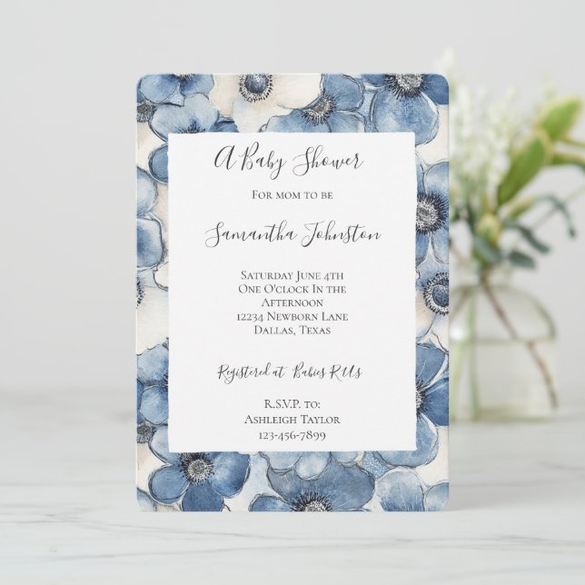 Invitation Baby shower de fleurs de Denim bleu blanc (Debout devant)