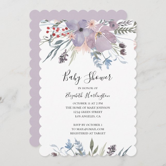Invitation Baby shower de fleurs de lavande. Floral mauve d'é (Devant / Derrière)