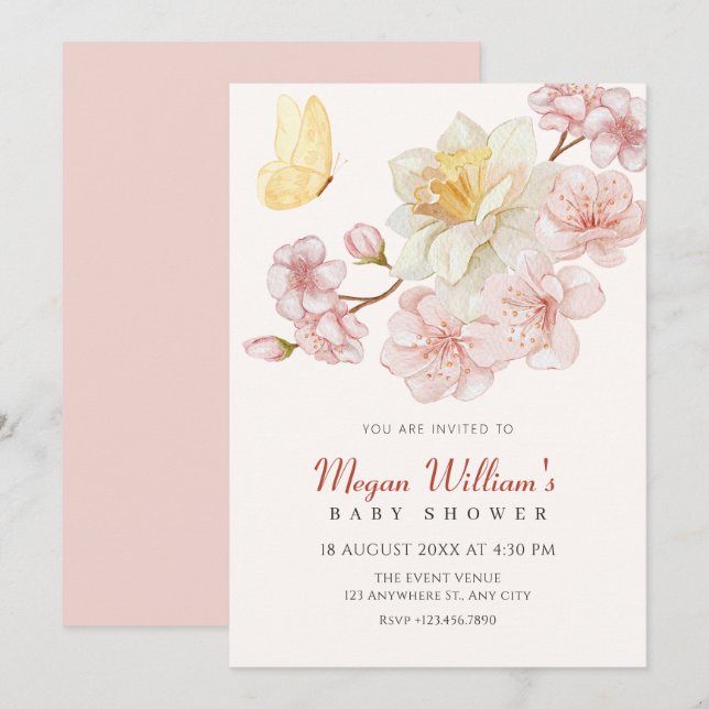 Invitation Baby shower de fleurs de pêche (Devant / Derrière)