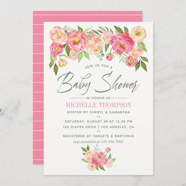 Invitation Baby shower de fleurs de pivoine (Devant / Derrière)