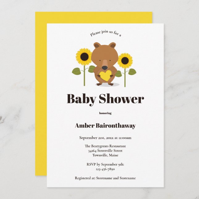 Invitation Baby shower de fleurs de soleil d'ours (Devant / Derrière)