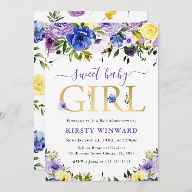 Invitation Baby shower de fleurs d'été pourpre et crème (Devant / Derrière)