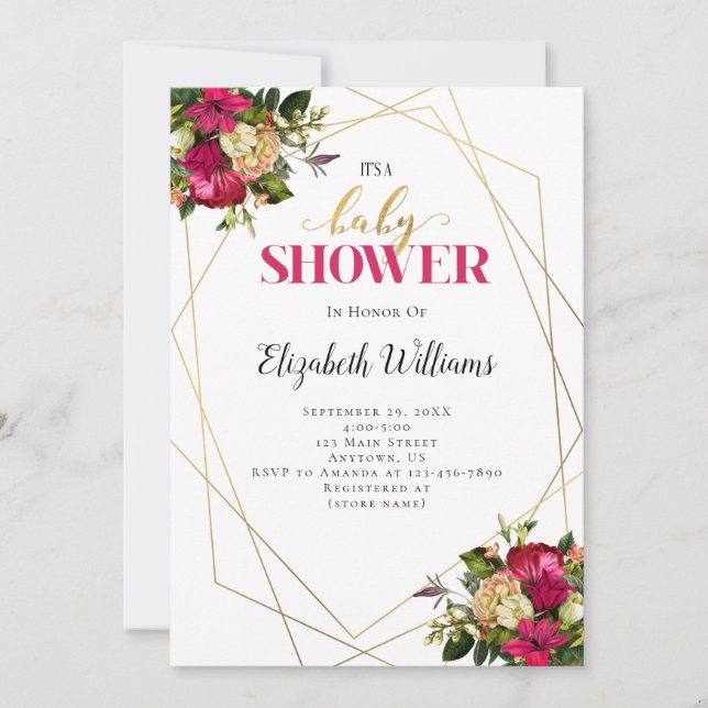 Invitation Baby shower de fleurs d'or rose (Devant)