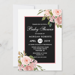Invitation Baby shower de Fleurs d'or rose rose noire