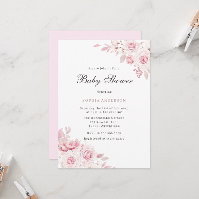 Invitation Baby shower de Fleurs élégantes et brillantes (Devant/Arrière en situation)