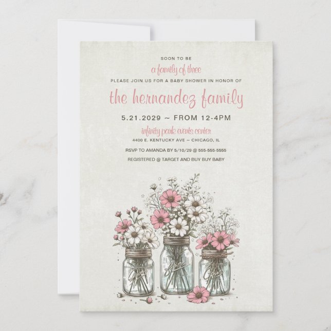 Invitation Baby shower de fleurs en pot Mason rose (Devant)
