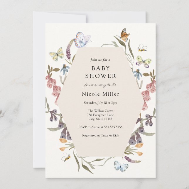 Invitation Baby shower de fleurs papillon (Devant)