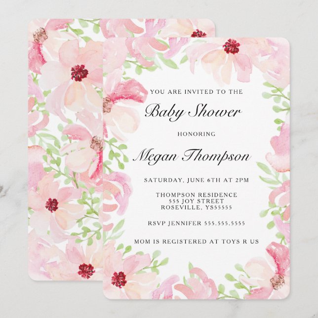 Invitation Baby shower de fleurs rose (Devant / Derrière)