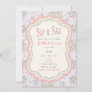 Invitation Baby shower de fleurs rose pourpre Sip et voir