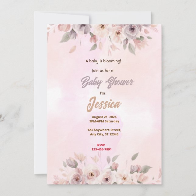 Invitation Baby shower de fleurs roses (Devant)