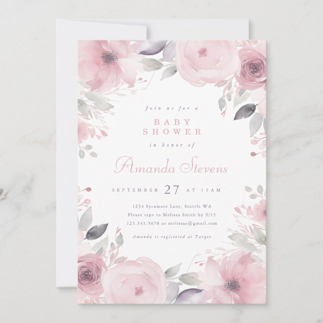 Invitation Baby shower de fleurs roses (Devant)