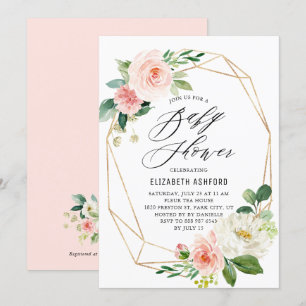 Invitation Baby shower de fleurs roses à cadre d'or géométriq