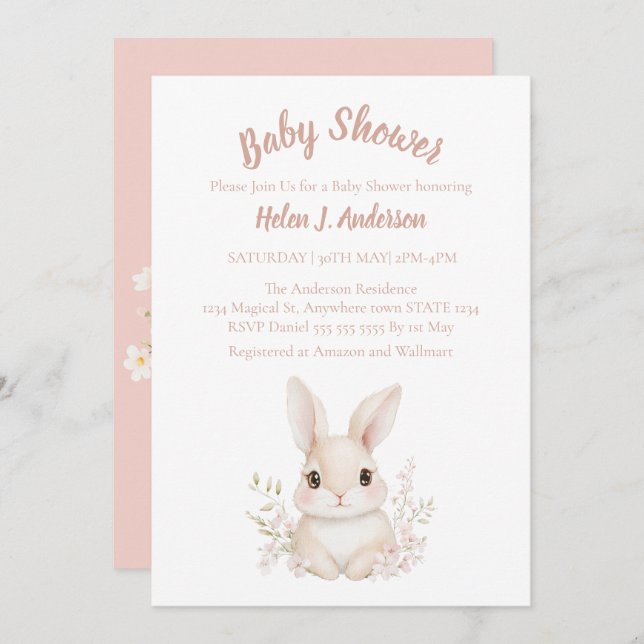 Invitation Baby shower de fleurs roses de lapin doux (Devant / Derrière)