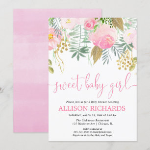 Invitation baby shower de fleurs roses et dorées de petite fi