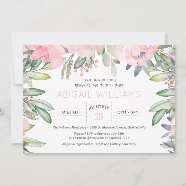Invitation Baby shower de fleurs roses vertes (Devant)
