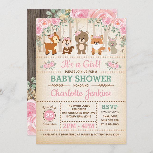 Invitation Baby shower de fleurs rousses de forêt rustique (Devant / Derrière)