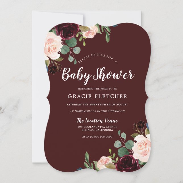 Invitation Baby shower de fleurs rousses de vin de Bourgogne (Devant)