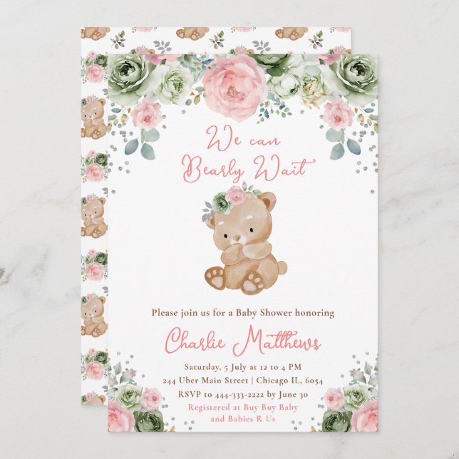 Invitation Baby shower de fleurs vert et rose de l'ours Sage (Devant / Derrière)