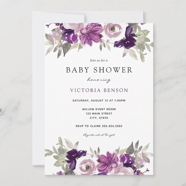 Invitation Baby shower de fleurs violettes (Devant)