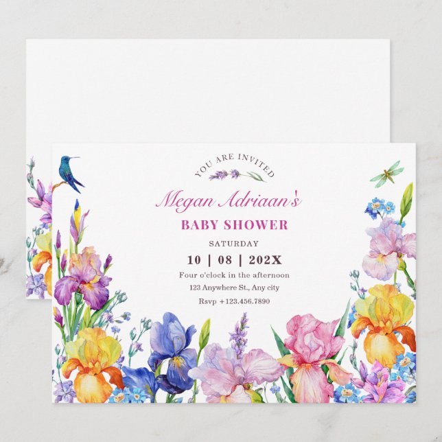 Invitation Baby shower de fleurs violettes du jardin (Devant / Derrière)