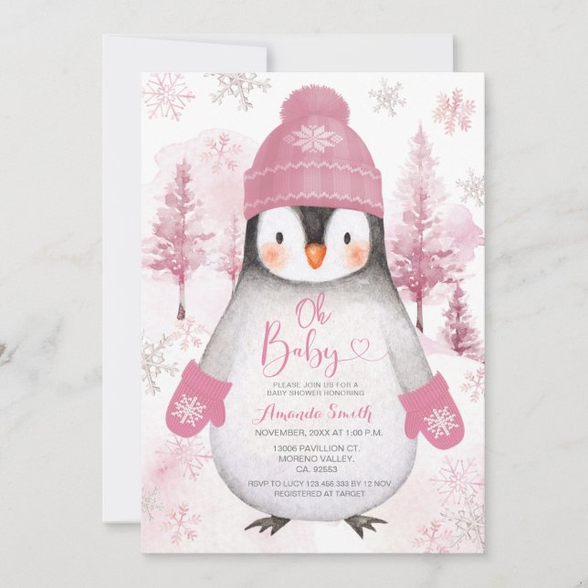 Invitation Baby shower de flocons de neige Casquette rose pin (Devant)