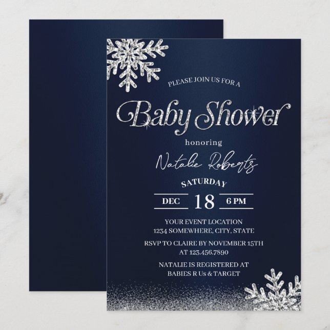 Invitation Baby shower de flocons de neige de la Marine Blue  (Devant / Derrière)
