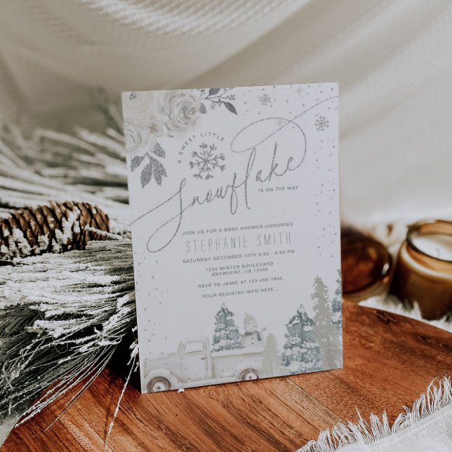 Invitation Baby shower de flocons d'hiver fleuris d'argent (Créateur téléchargé)